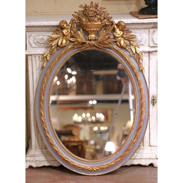 Late 19th Century 19th Century French Louis XVI Two-Tone Gilt and Painted Oval Wall Mirror With Cherubs For Sale - Image 5 of 7
