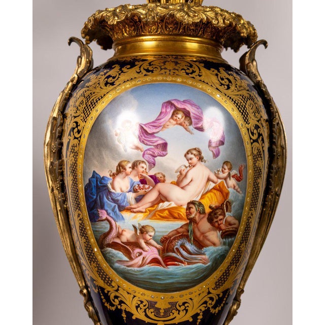 Large Sèvres Porcelain and Gilt Bronze Vases with Floral Bouquets, 1800s For Sale - Image 4 of 13