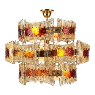 Italian Amber & Ruby Textured Glass Chandelier in Brass, 1970s For Sale