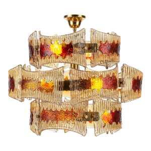 Italian Amber & Ruby Textured Glass Chandelier in Brass, 1970s