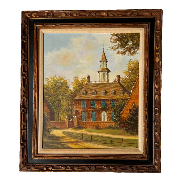 1970's Vintage Colonial Architecture in Autumn Light Landscape Oil Painting, Framed For Sale