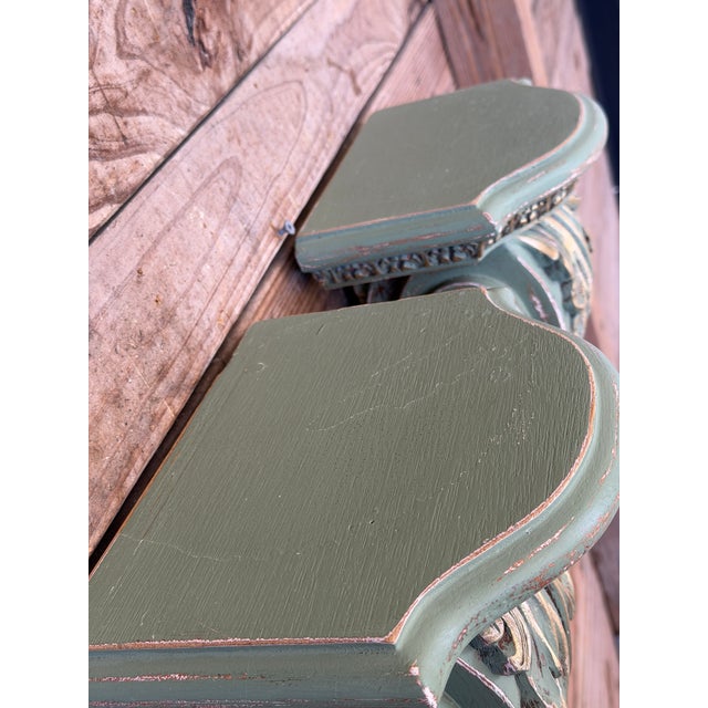 French Country Pair of Carved Acanthus Wall Bracket Shelves / Corbels in Distressed Green Finish For Sale - Image 3 of 12