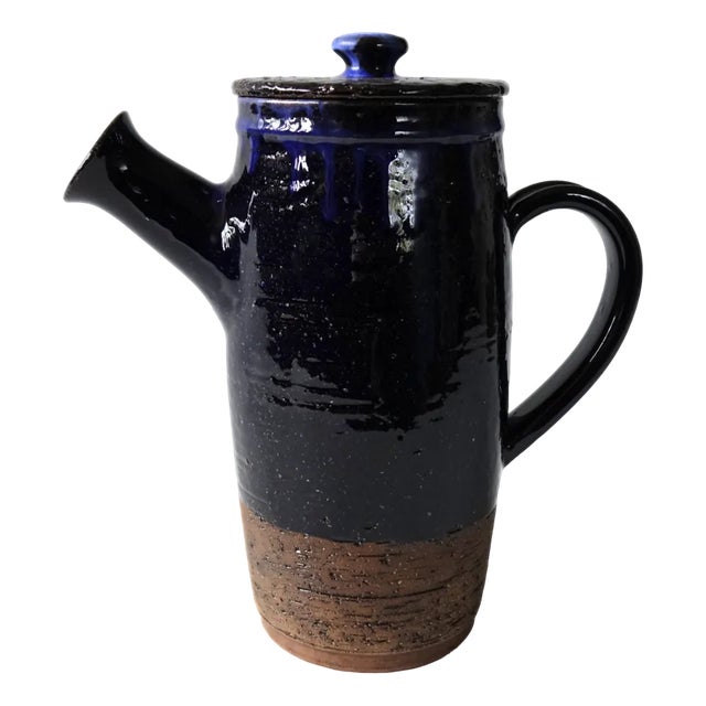 Vintage Handmade Ceramic Blue Glazed Coffee Pot from Laholm, Sweden, 1960s For Sale