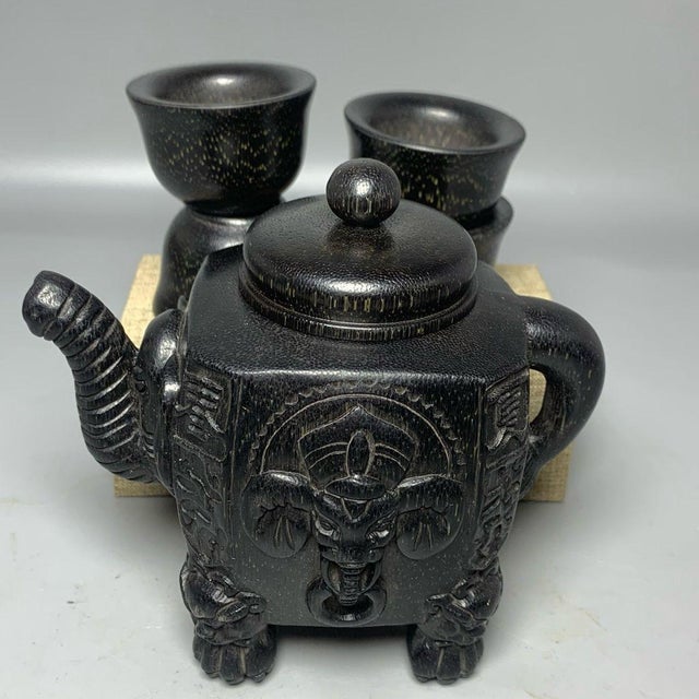 Late 19th CenturyCarved Faux Horn Elephant Teapot Set With Four Cups and Box For Sale - Image 9 of 9