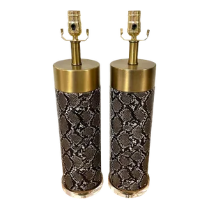 Late 20th Century Modern Brass, Faux Snakeskin & Lucite Column Lamps - A Pair