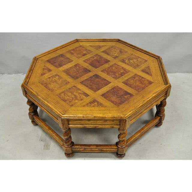 Vintage Baker Barley Twist Oak & Burlwood Parquetry Octagonal Coffee Table For Sale - Image 17 of 17