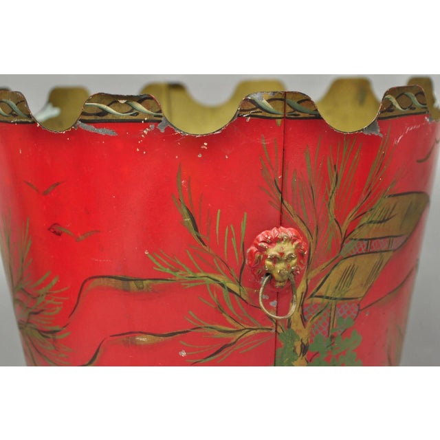 Red Mid 20th Century Italian Chinoiserie Hand Painted Oriental Red Tole Metal Wastebasket Trashcan For Sale - Image 8 of 18