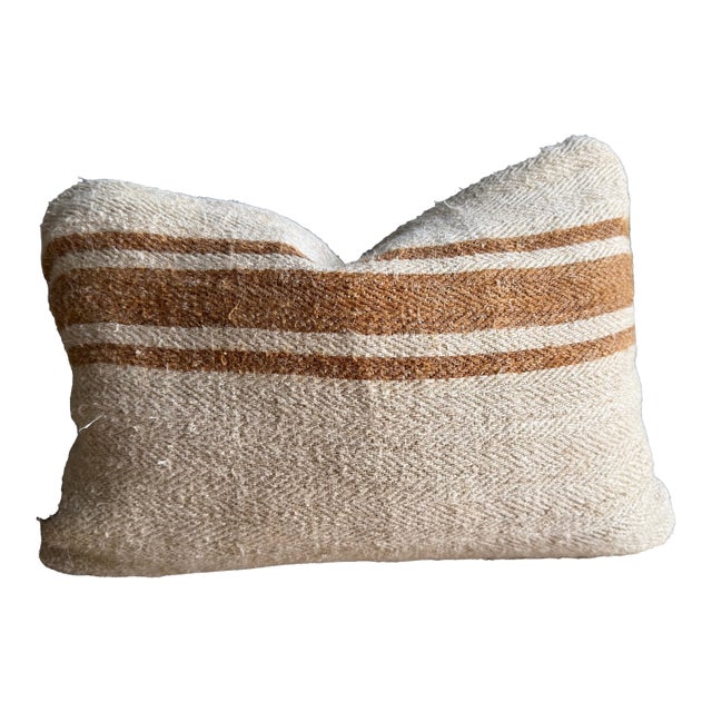 Vintage Grainsack and Japanese Coated Canvas Lumbar Pillow With Down Insert For Sale