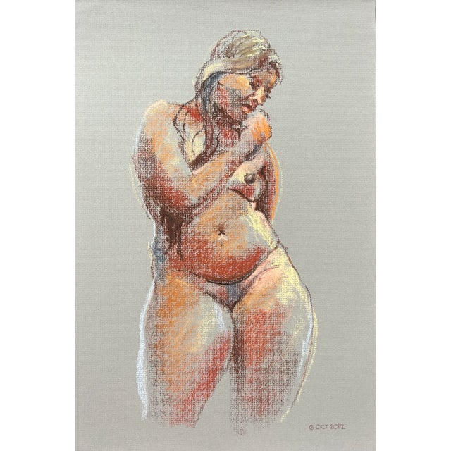 Impressionistic pastel drawing of nude woman on gray paper by listed Philadelphia artist Harold Grote. From the estate of...