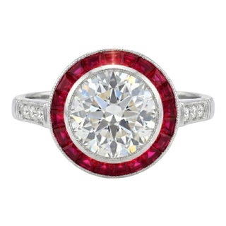 Vintage Platinum 3.17cts Old Euro Cut Diamond and 1.19cts Ruby Halo Ring, Size 6.5 For Sale