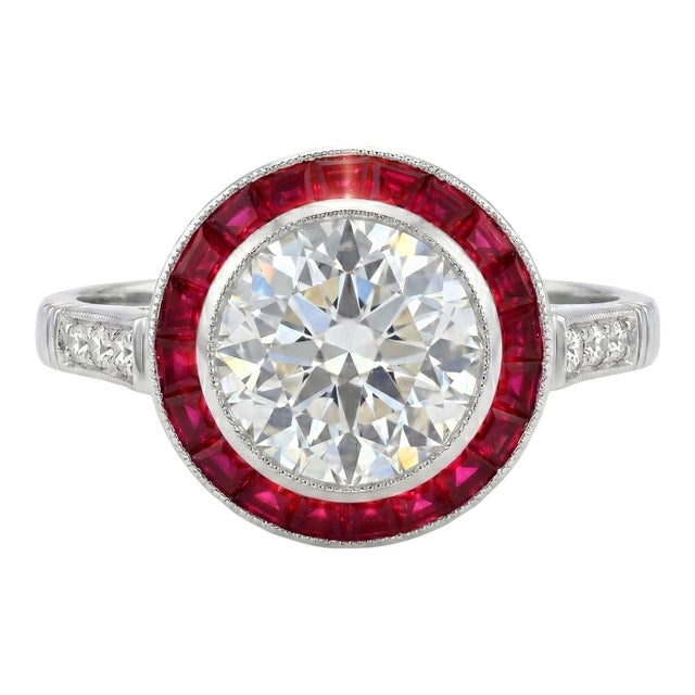 Vintage Platinum 3.17cts Old Euro Cut Diamond and 1.19cts Ruby Halo Ring, Size 6.5 For Sale