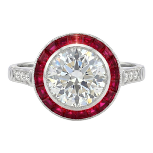 Vintage Platinum 3.17cts Old European Cut Diamond and 1.19cts Ruby Halo Ring, Size 6.5