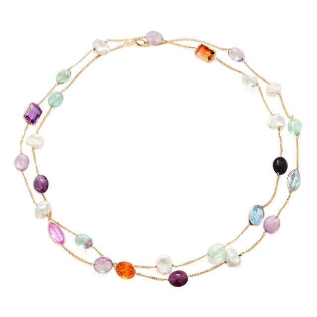 14k Yellow Gold 36" Pearl and Multi-Gemstone Layering Necklace For Sale