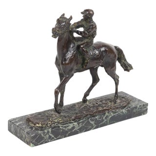 Vintage 19th Century Original Modern Bronze Statue Jocky on Horse, Signed For Sale