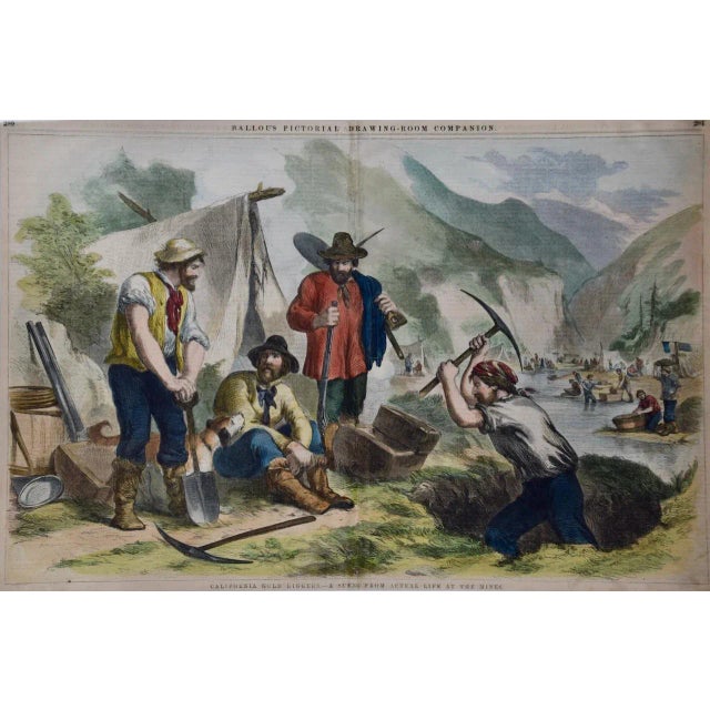 This is a framed hand-colored woodcut engraving entitled "California Gold Diggers - A Scene From Actual Life At The Mines"...
