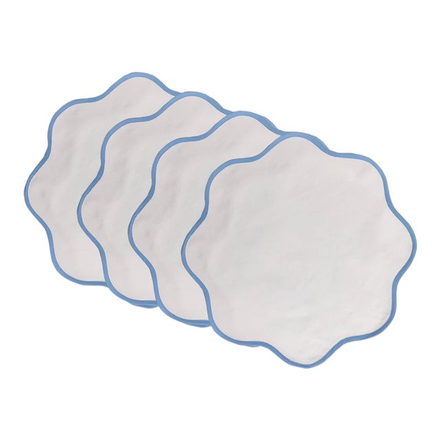 Handmade Round Scalloped Placemats, White with Light Blue Piping - Set of 4 For Sale