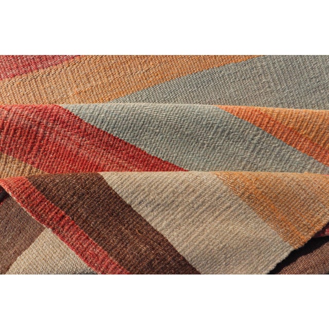 Vintage Turkish Kilim Runner With Coral, Tan and Soft Blue Stripes For Sale - Image 10 of 11