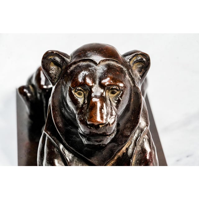 Art Deco Style Antique Recumbent Lion Cast Metal Statue Sculpture Home Decor For Sale In New York - Image 6 of 11