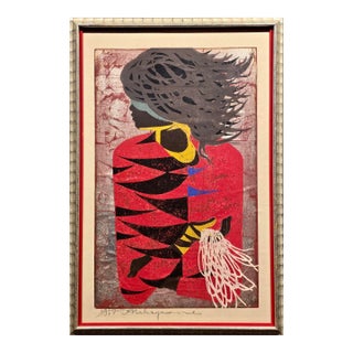 Tadashi Nakayama "Akai Fuku" (Red Coat) Vintage 1957 Japanese Woodblock Print For Sale