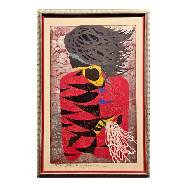 Tadashi Nakayama "Akai Fuku" (Red Coat) Vintage 1957 Japanese Woodblock Print For Sale