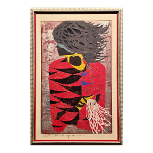 Tadashi Nakayama "Akai Fuku" (Red Coat) Vintage 1957 Japanese Woodblock Print