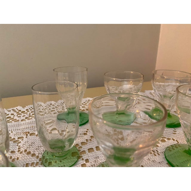 Vintage Art Deco Uranium Glass Aperitif Glasses With Emerald Green Bases - Set of 10 For Sale - Image 6 of 6