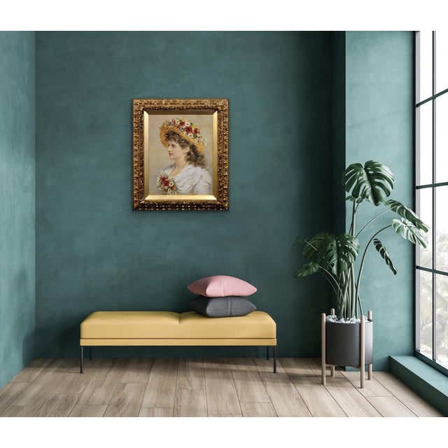 Alice Anne Renshaw, Young Lady with Summer Meadow Flowers in Her Straw Hat, Watercolour & Gouache Painting, 1800s, Framed For Sale - Image 12 of 18