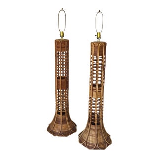 Vintage 1970s Rattan Bamboo Floor Lamps - a Pair For Sale