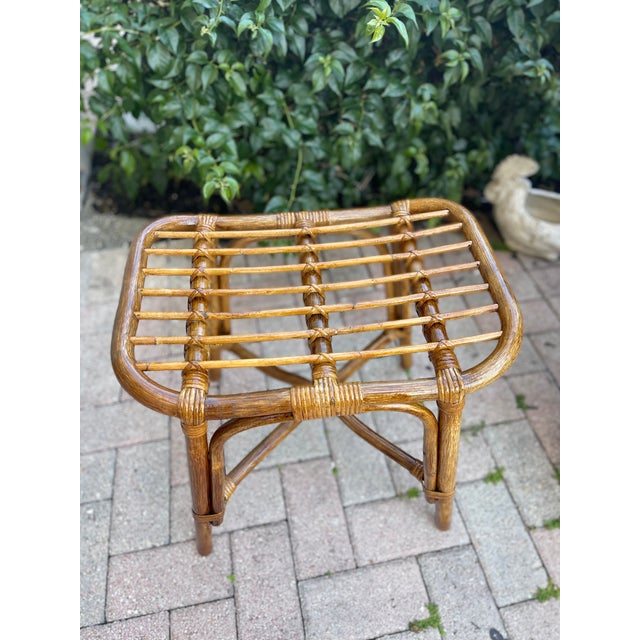 Mid-Century Modern Mid Century Bamboo Rattan Footstool With Strawberry Cushion For Sale - Image 3 of 6