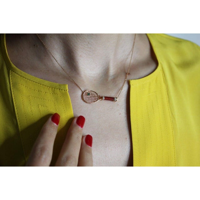 Red Tennis Racket Red Carnelian Handle Green Emerald Tennis Ball Jewelry 18 Karat For Sale - Image 8 of 9