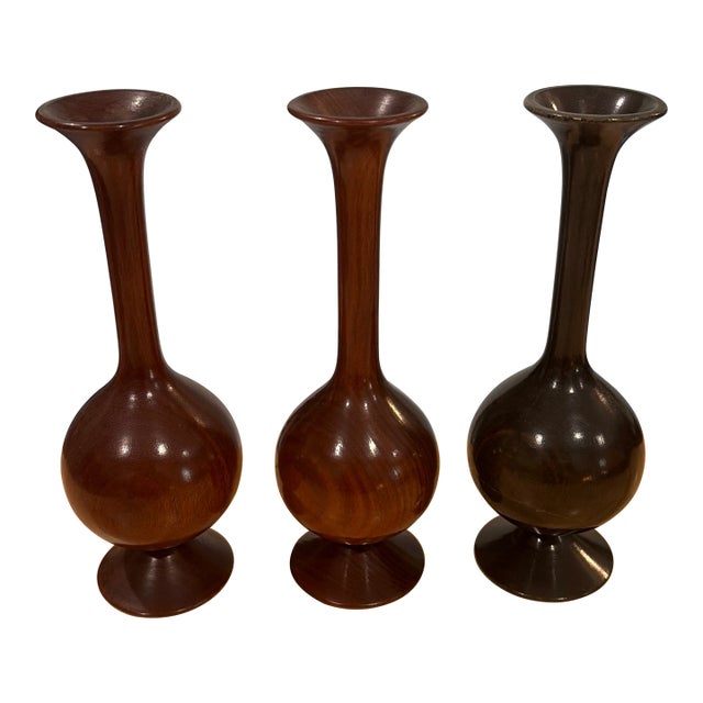 Set of 3 Turned Wood MCM Vases For Sale