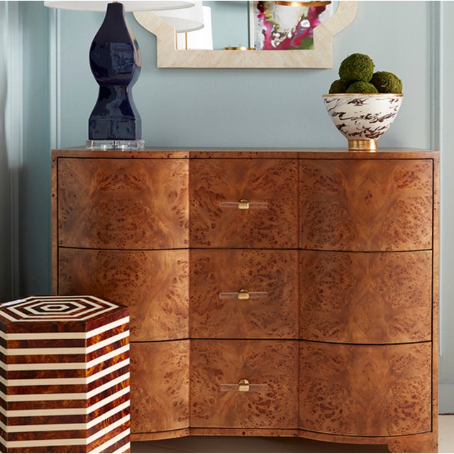 Matthew Izzo Home Plymouth Dark Burlwood Three Drawer Chest With Acrylic and Brass Drawer Pulls For Sale In New York - Image 6 of 8