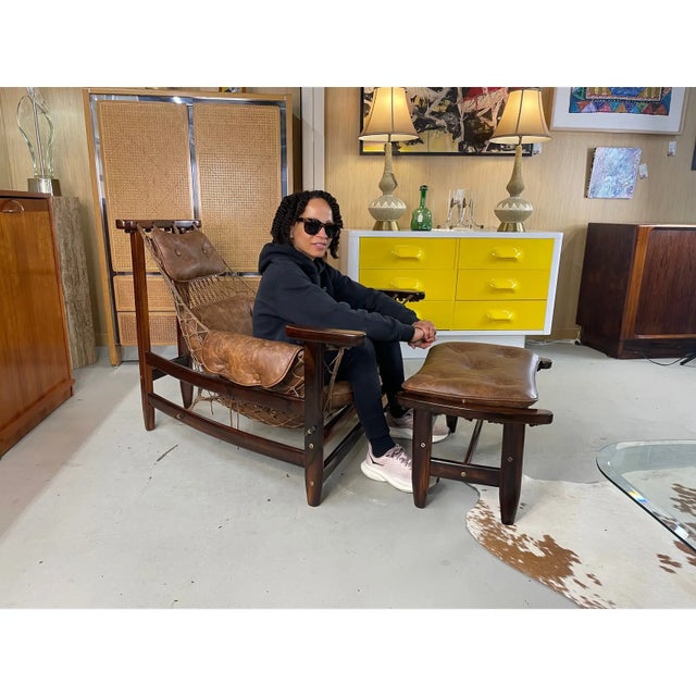 1960s Restored Brazilian Jangada Rosewood & Leather Sling Chair With Ottoman by Jean Gillon For Sale - Image 9 of 16