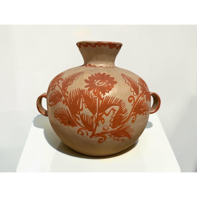 Terra Cotta Vintage Mexican Folk Art Pottery Vase With Hand-Painted Terracotta Florals For Sale - Image 8 of 10
