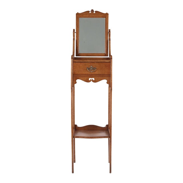 Antique Oak Shaving Stand With Beveled Mirror For Sale