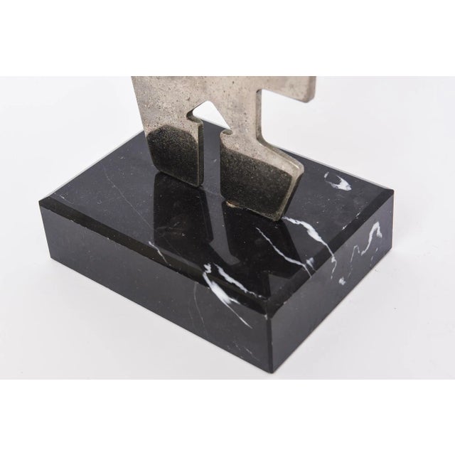 Silver Vintage Abstract Steel Cubist Style Sculpture on Black Veined Marble Base For Sale - Image 8 of 12