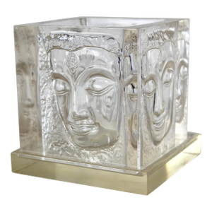 Vintage Mid Century Sculptural Lucite Acrylic Buddha Style Tea Light Candle Holder Cube
