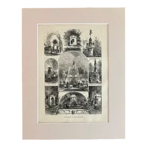 Antique 1874 Wood Engraving "Fountains in Philadelphia" in Frame-Ready 11x14 Mat