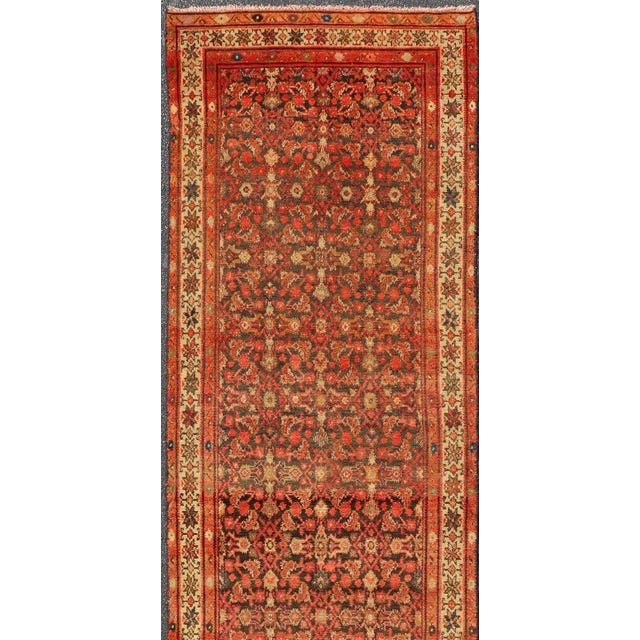 Antique Early 20th Century Persian Herati Design Malayer Runner in Brown, light green, ivory & rust. Malayer antique...