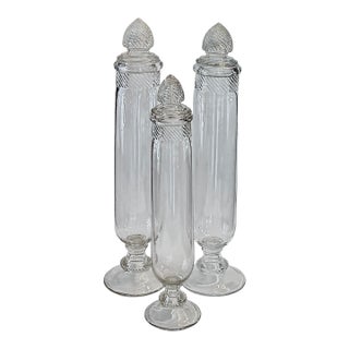 19th Century Molded Glass Apothecary Jars, Set of Three, Barley Twist Lids For Sale
