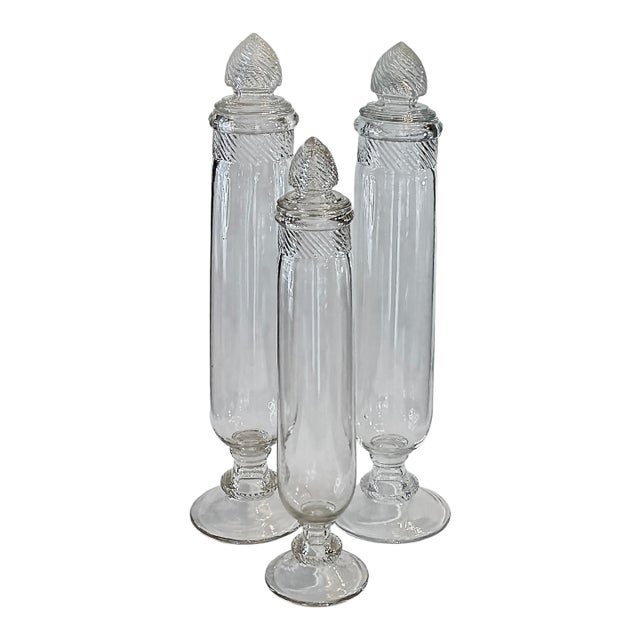 19th Century Molded Glass Apothecary Jars, Set of Three, Barley Twist Lids For Sale