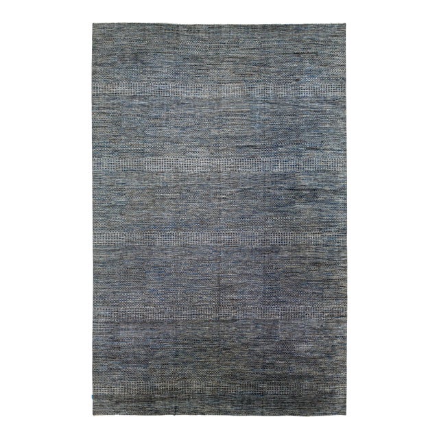 Allover Geometric Modern Handmade Wool Rug in Gray & Blue Colors For Sale