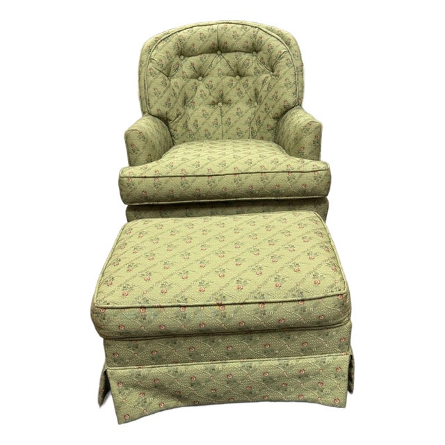 Green Patterned Vintage Upholstered Accent Chair with Ottoman For Sale