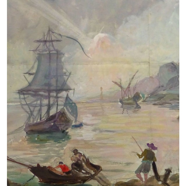 Spectacular watercolor seascape of boats in a old world harbor under a dusk colored sky, circa 1860. Original artwork on...