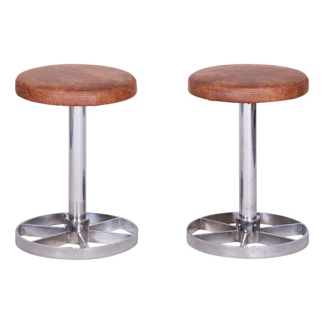 Czech Bauhaus Chrome-Plated Steel Stools with Brown Leather Seats, 1939, Set of 2 For Sale