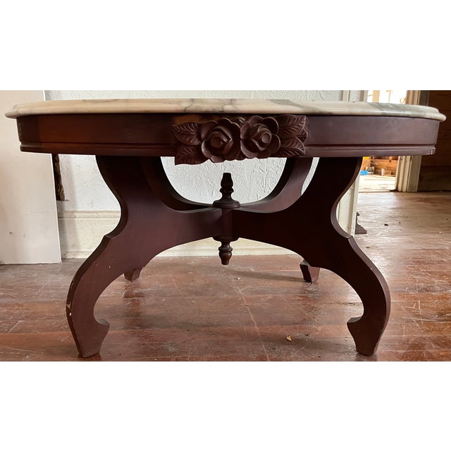Mid 20th Century French Provincial Style Oval Marble-Top Coffee Table | Italian Marble | Carved Rose Appliqué | X-Stretcher Base For Sale - Image 4 of 12