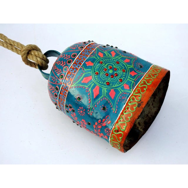 Folk Art Vintage Swiss Cow Bell Metal Decorative Emboss Hand Painted For Sale - Image 3 of 4