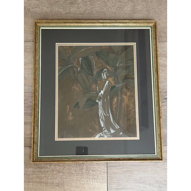 Paint Vintage Framed Earthy Asian Geisha Painting For Sale - Image 7 of 8