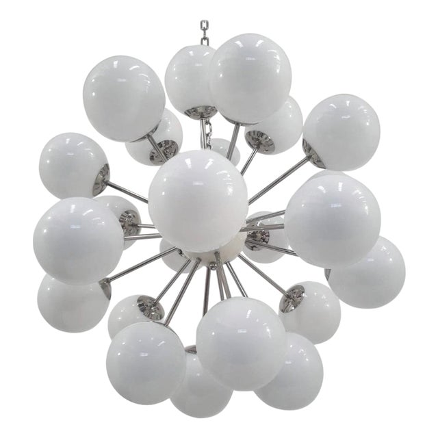 21st Century Nova Polished Nickel Glossy White Murano Sputnik Chandelier by Fabio LTD For Sale