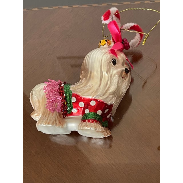 1970s Cute Shitzu Dog Christmas Ornament Figurine Glass For Sale - Image 4 of 4